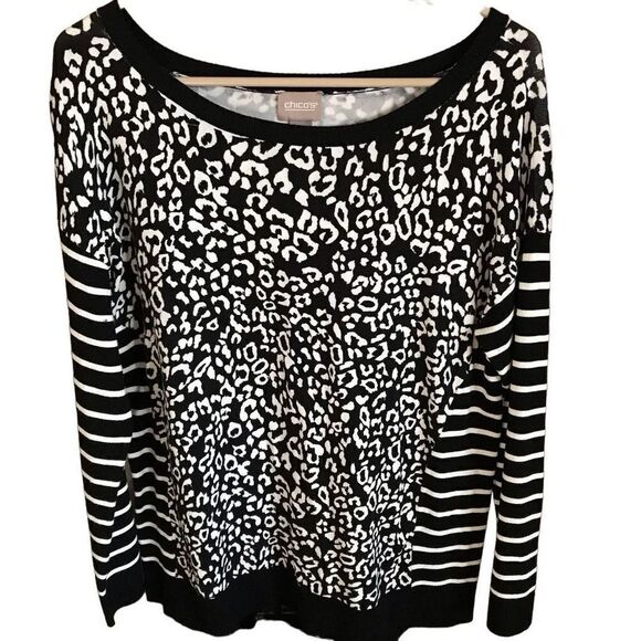 Chicos size 1 = Medium 8/10 sweater leopard print striped top black white - Picture 1 of 4
